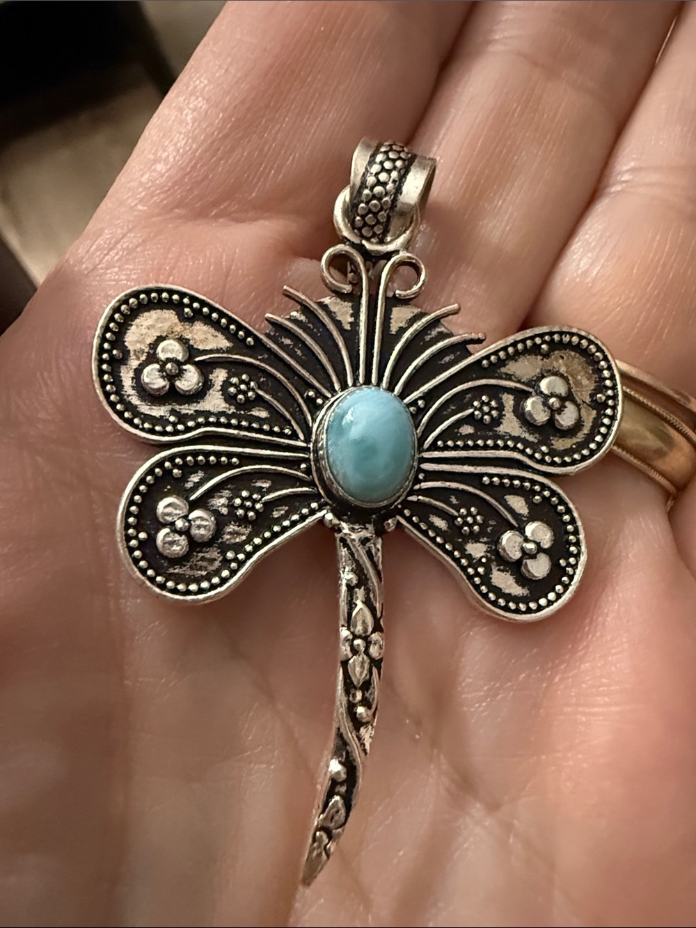 Sterling Silver 925 Dragonfly Larimar Pendant Necklace